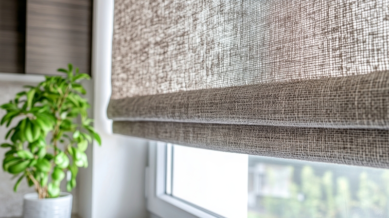 A close-up view of the Roman blinds and window in the kitchen is shown
